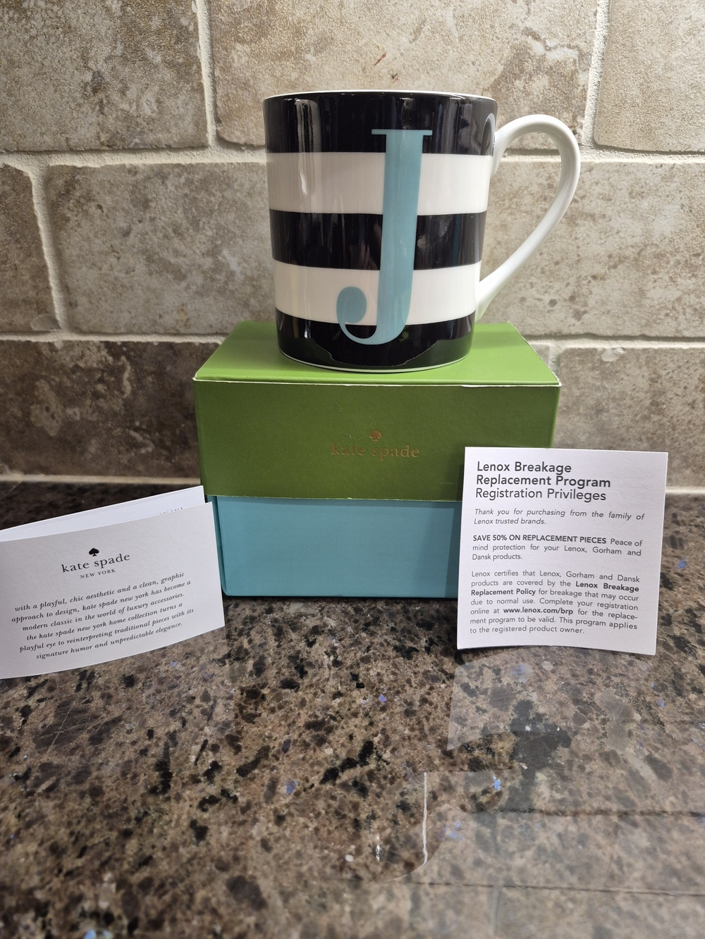 kate spade Black & White Striped Mug with Aqua Initial J 12oz New In Box